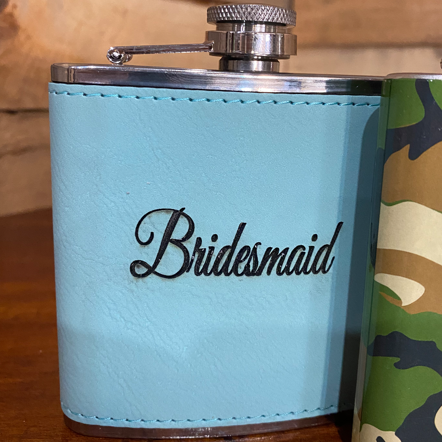 Teal Leather Layered Flask with Custom Message