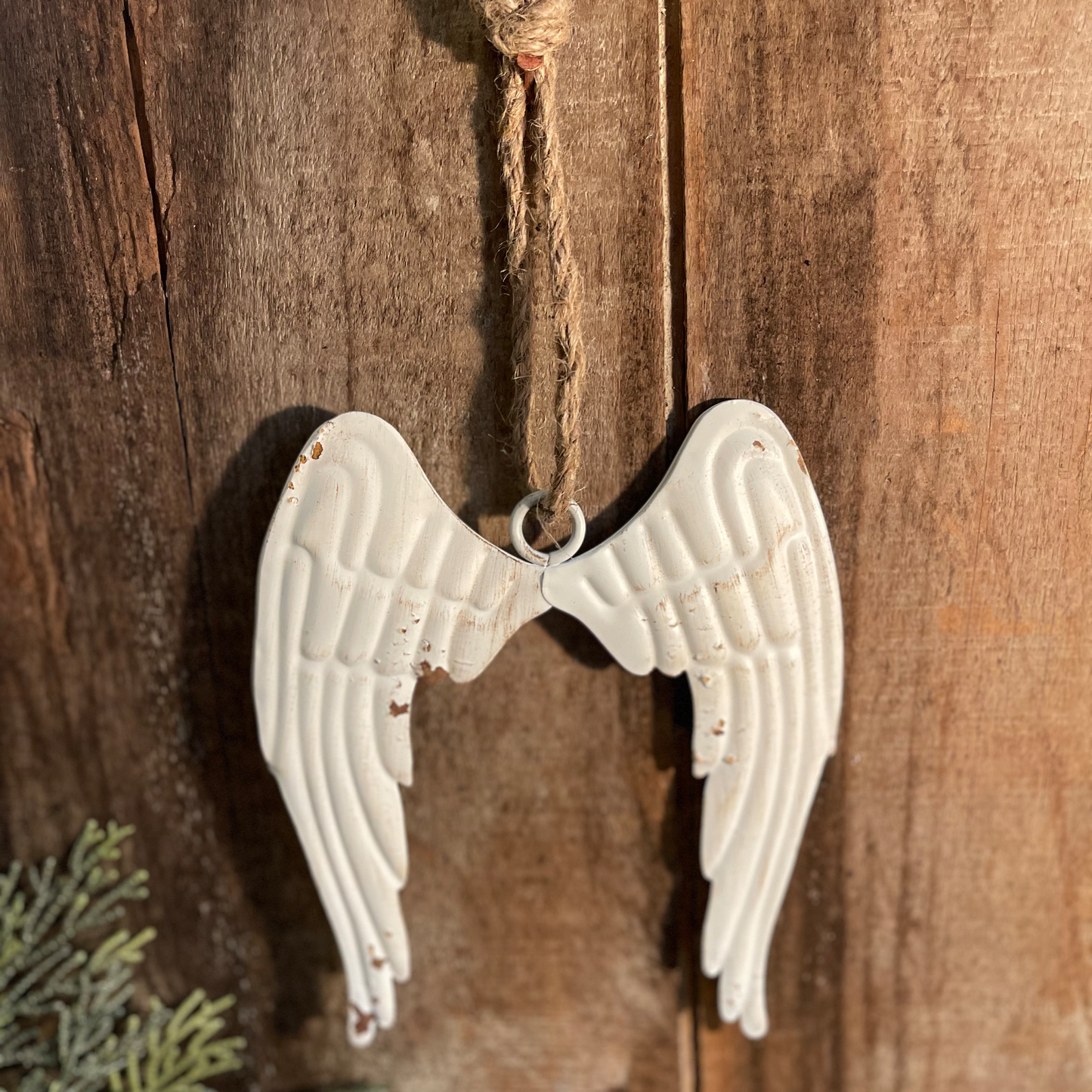 Rustic Metal Angel Wings | Farmhouse Christmas Decoration | Distressed White Holiday Wall Decor