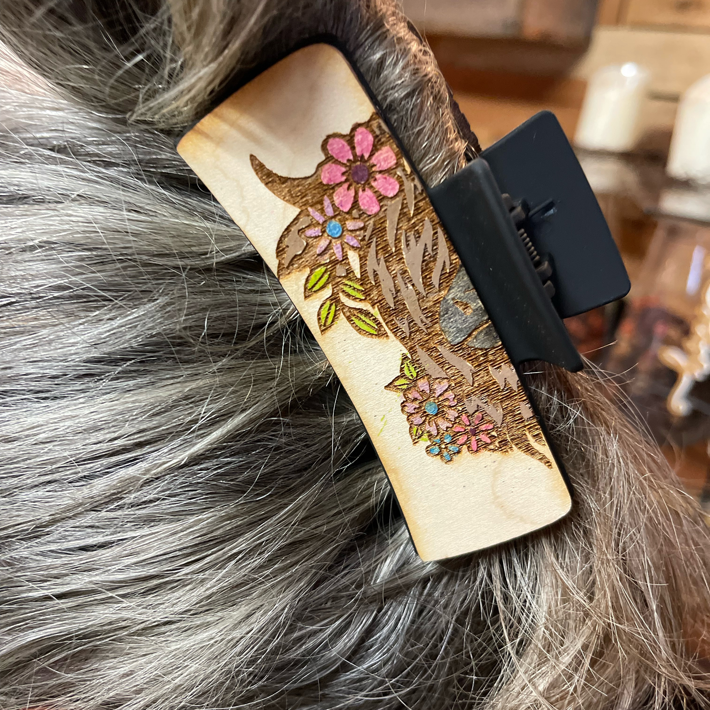 Highland Cow Hair Clip | Handcrafted Wooden Barrette | Floral Farm Animal Hair Accessory