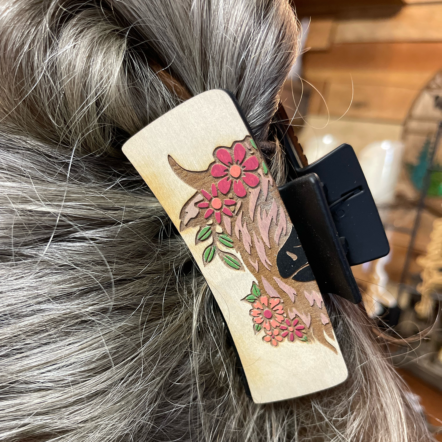 Highland Cow Hair Clip | Handcrafted Wooden Barrette | Floral Farm Animal Hair Accessory