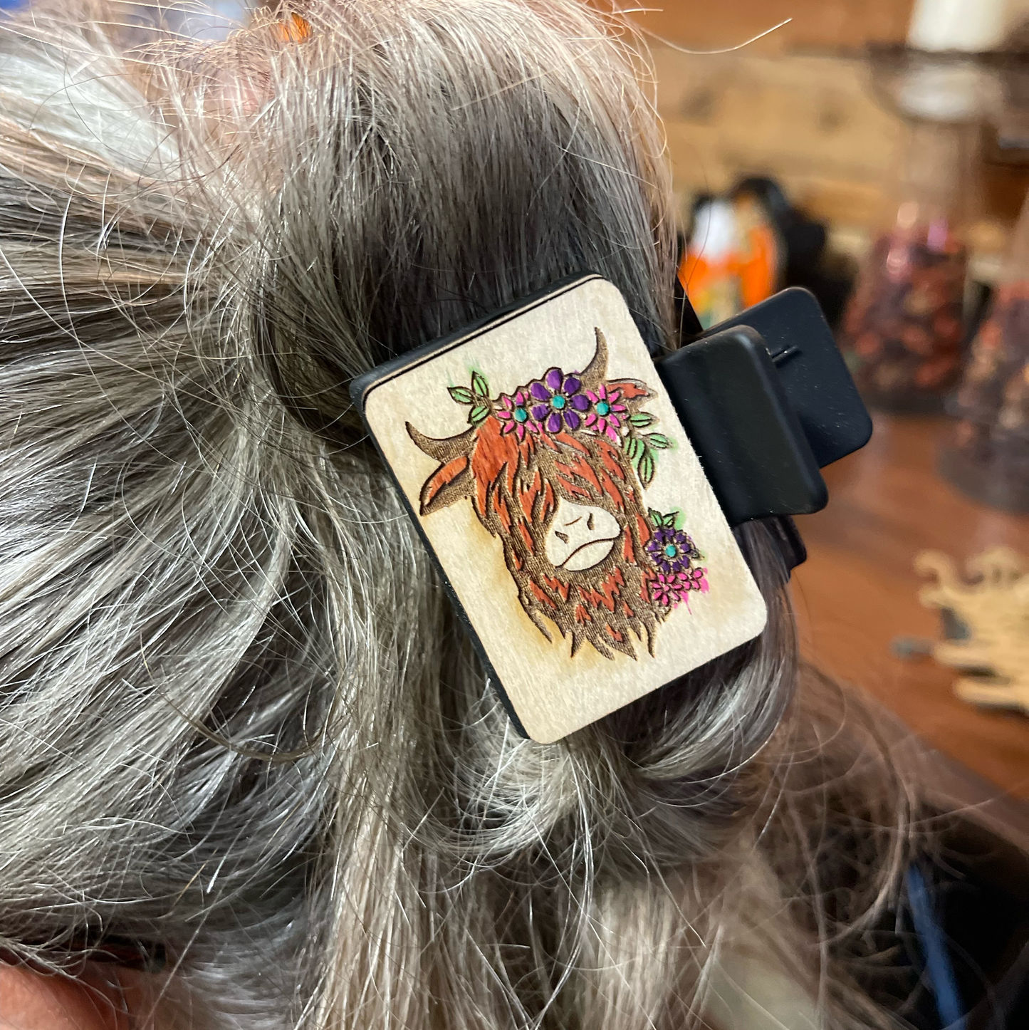 Highland Cow Hair Clip | Handcrafted Wooden Barrette | Floral Farm Animal Hair Accessory