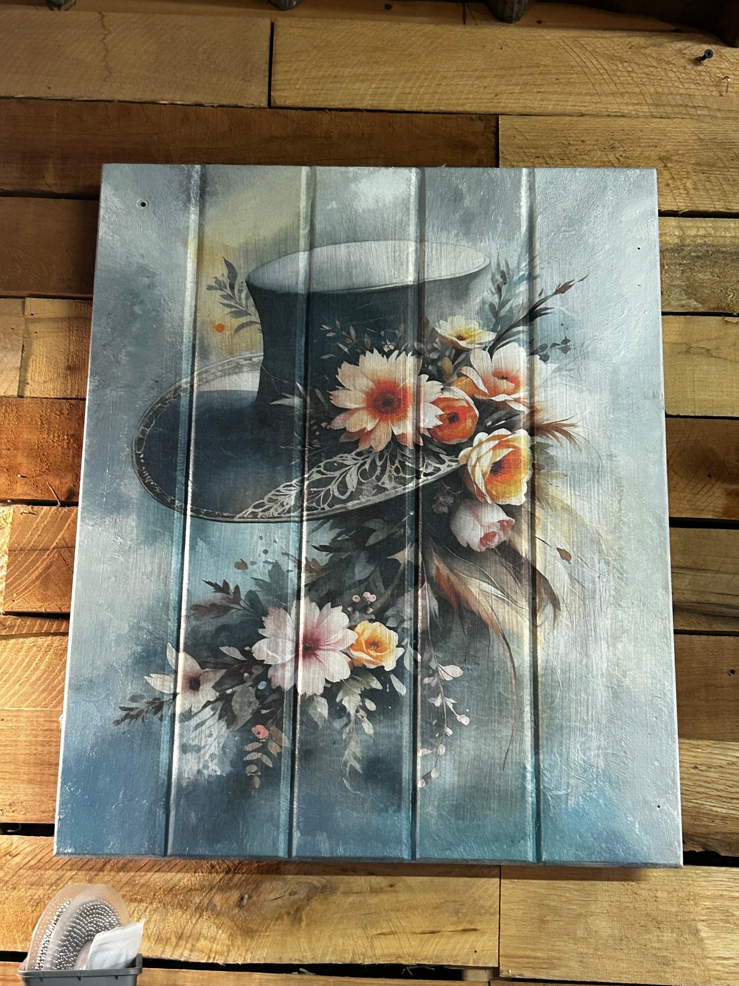 Vintage Cabinet Door with Dark Alice Hat print/painting
