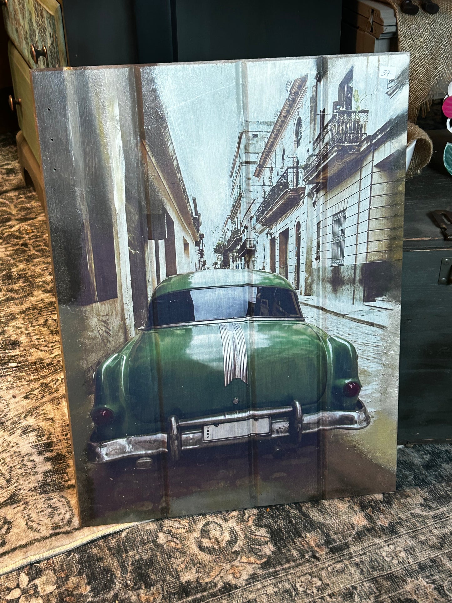 Vintage Cabinet Door with car print/painting