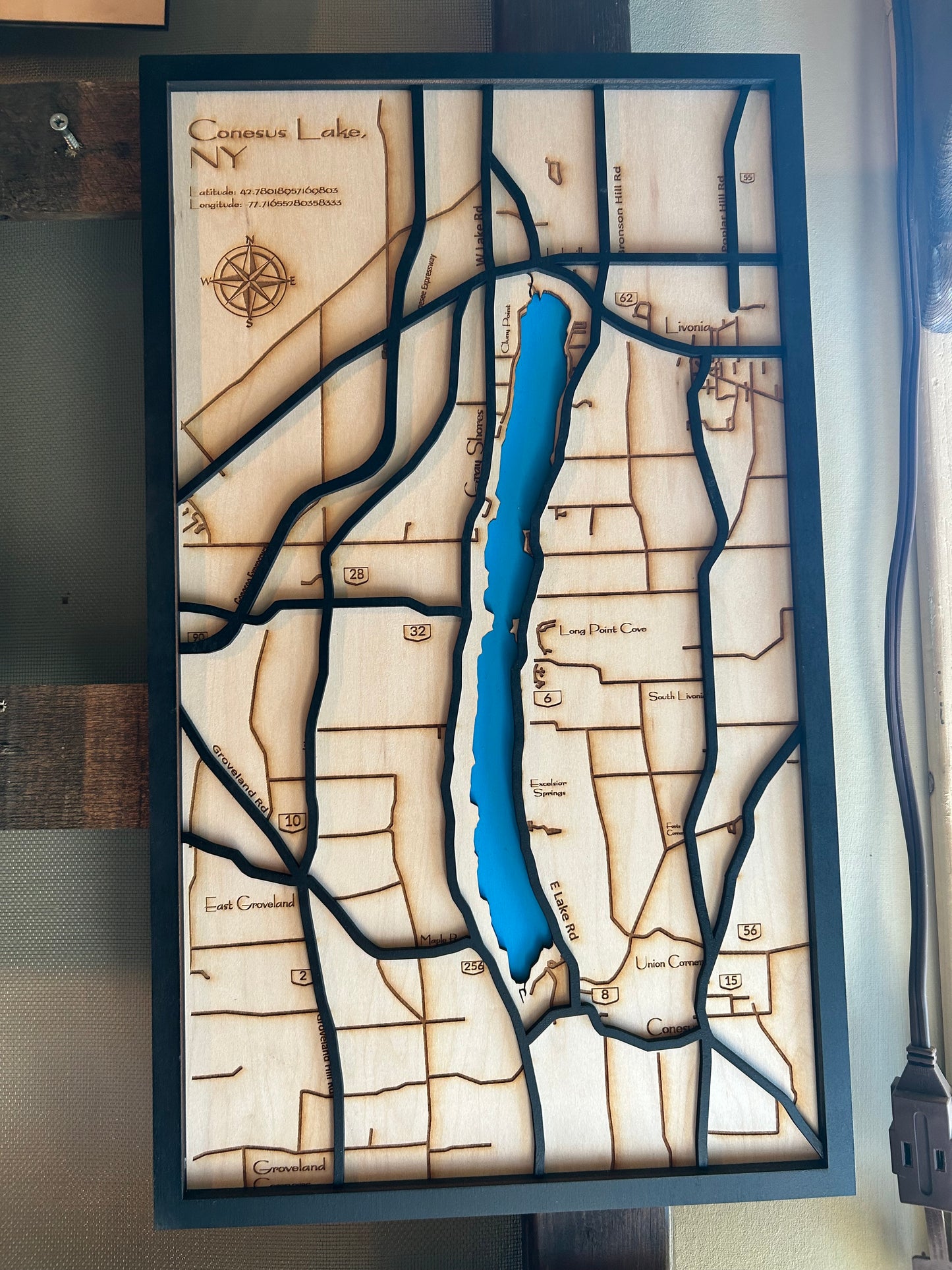 Multi-Layer Wooden Laser Engraved Map of Conesus Lake, New York