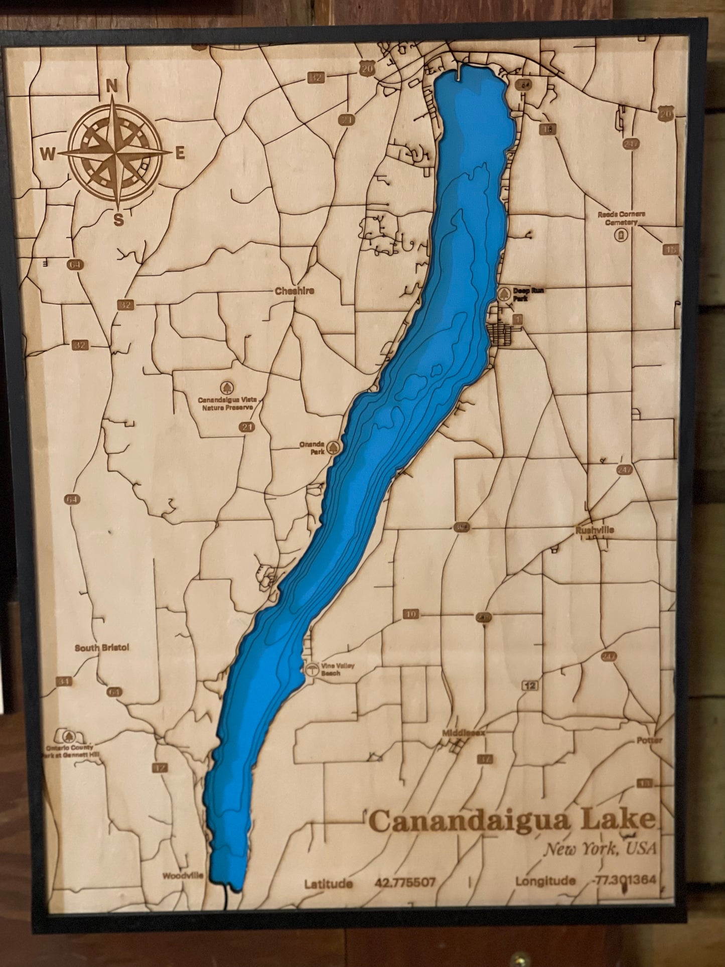 Canandaigua Lake, Multi-Layer Wood Map - Laser Engraved Finger Lakes Wall Decor