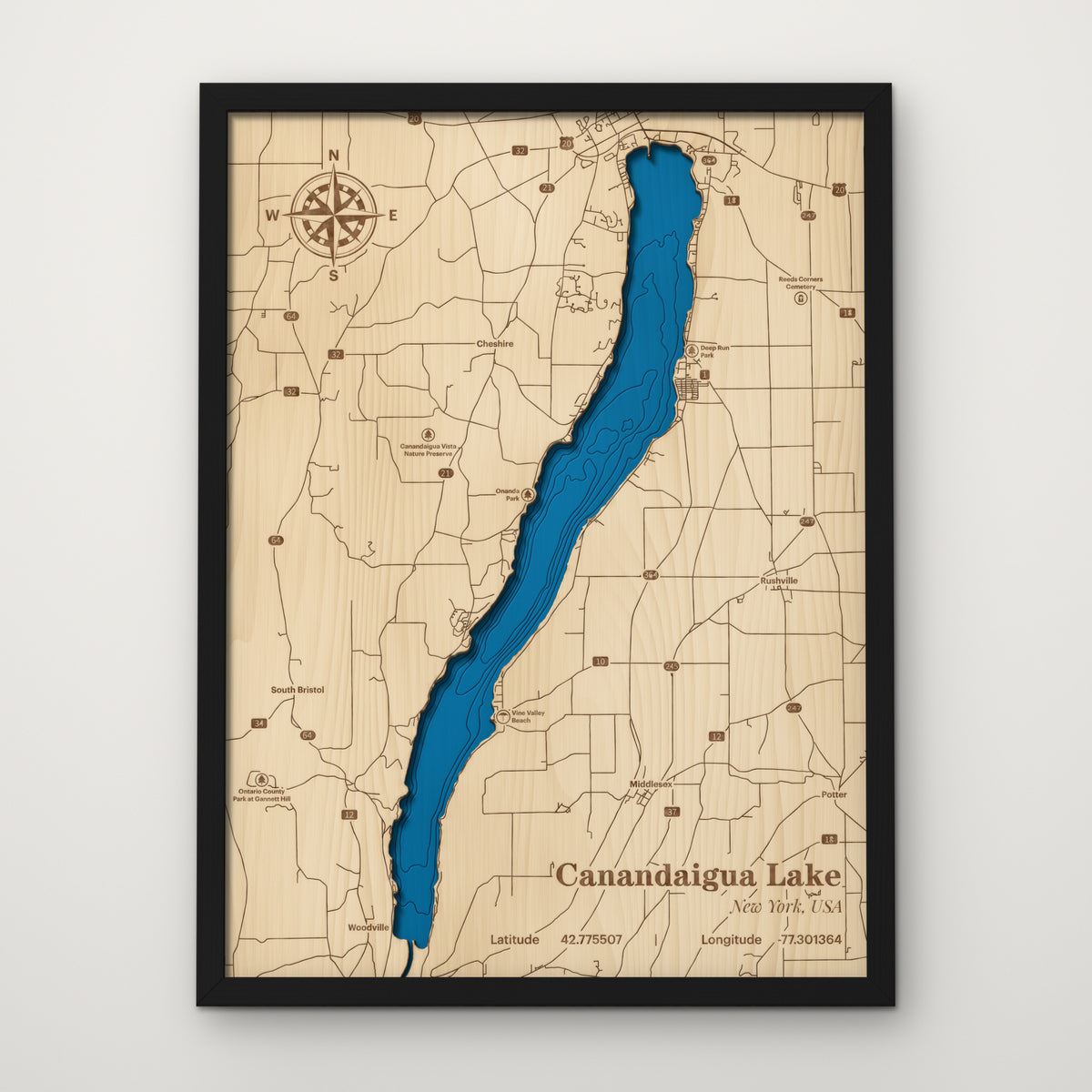 Canandaigua Lake layered wood map in painted black frame