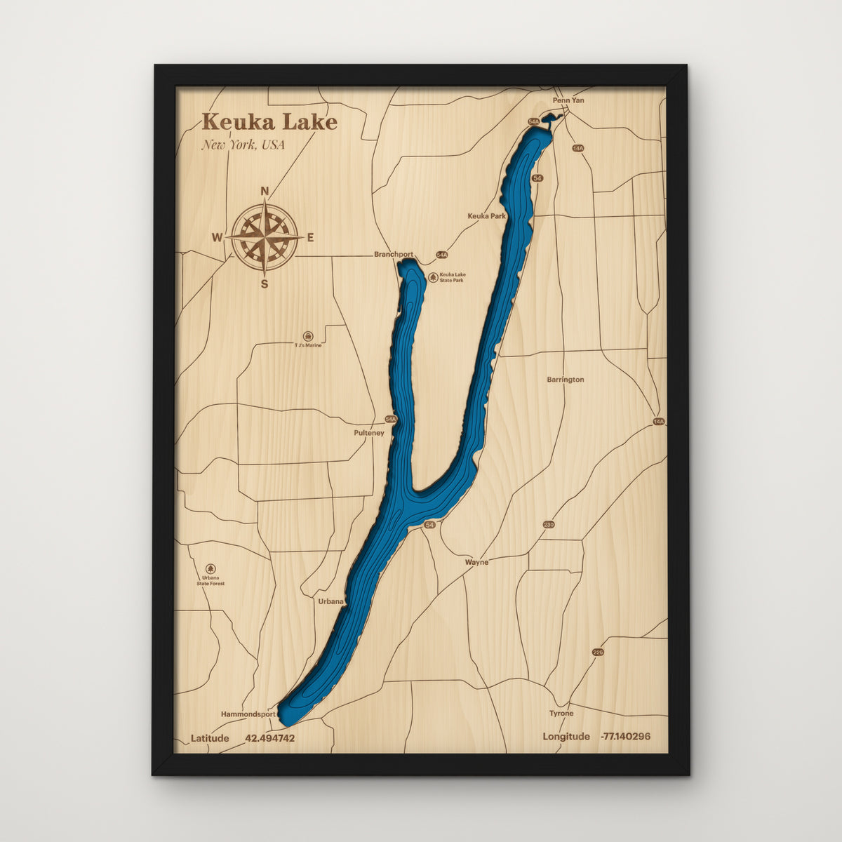 Keuka Lake layered wood map in painted black frame