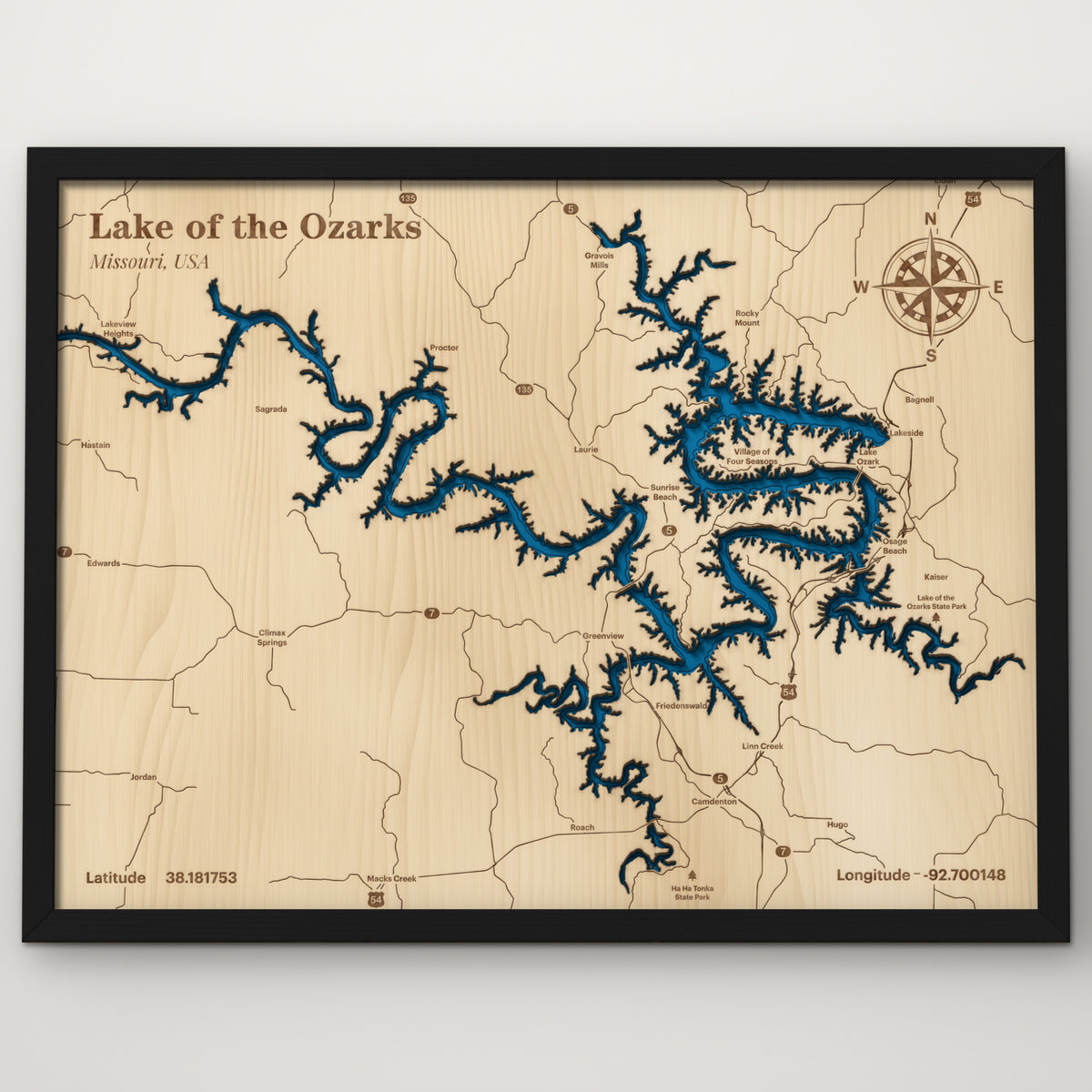 Lake of the Ozarks layered wood map in painted black frame