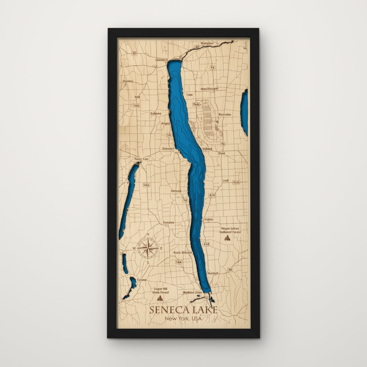 Seneca Lake layered wood map in painted black frame