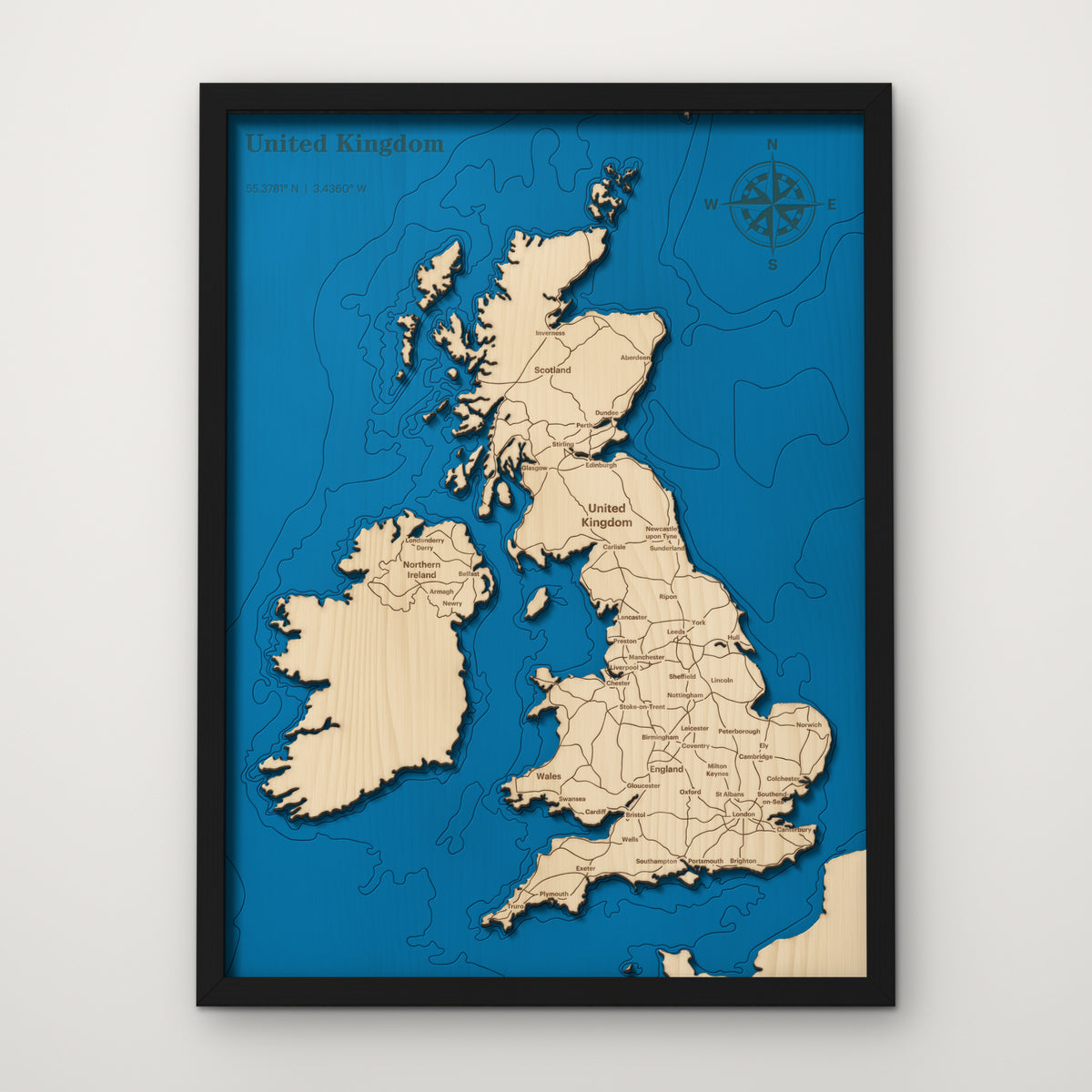 United Kingdom layered wood map in painted black frame