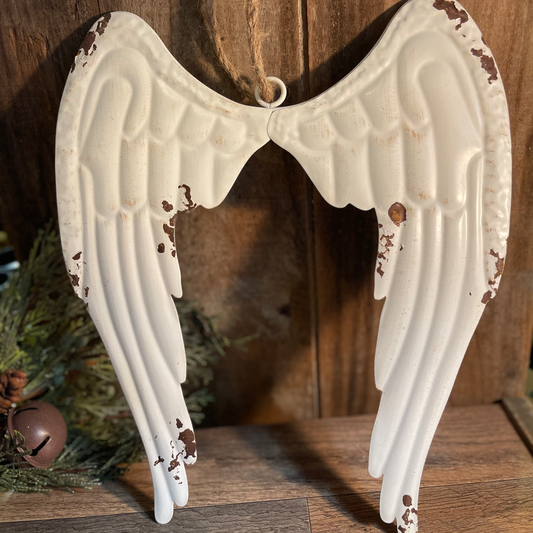 Rustic Metal Angel Wings | Farmhouse Christmas Decoration | Distressed White Holiday Wall Decor