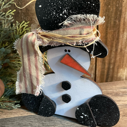 Whimsical Snowman Shelf Sitter | Hand-Painted Wood Christmas Decoration | Farmhouse Holiday Decor with Snow Splatter