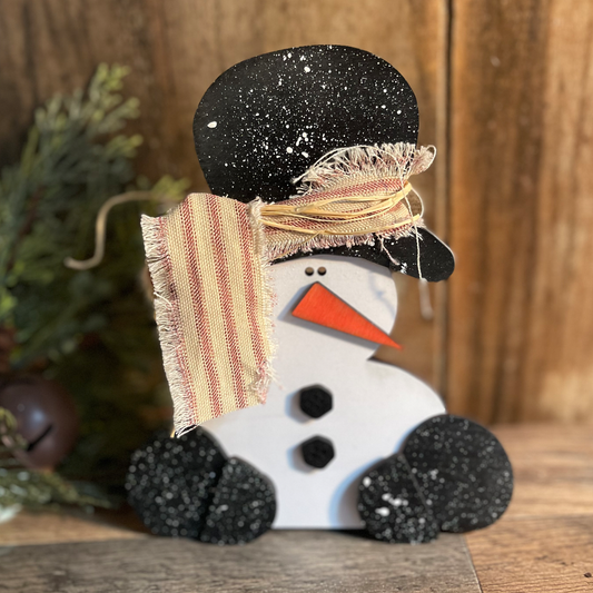 Whimsical Snowman Shelf Sitter | Hand-Painted Wood Christmas Decoration | Farmhouse Holiday Decor with Snow Splatter