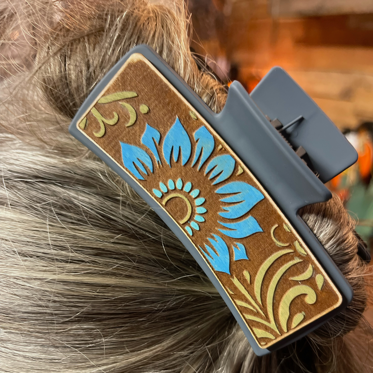 Hand Crafted Sunrise Hair Barrette Leather hair barrette, Sunflower hair barrette, gift hair  main image 3