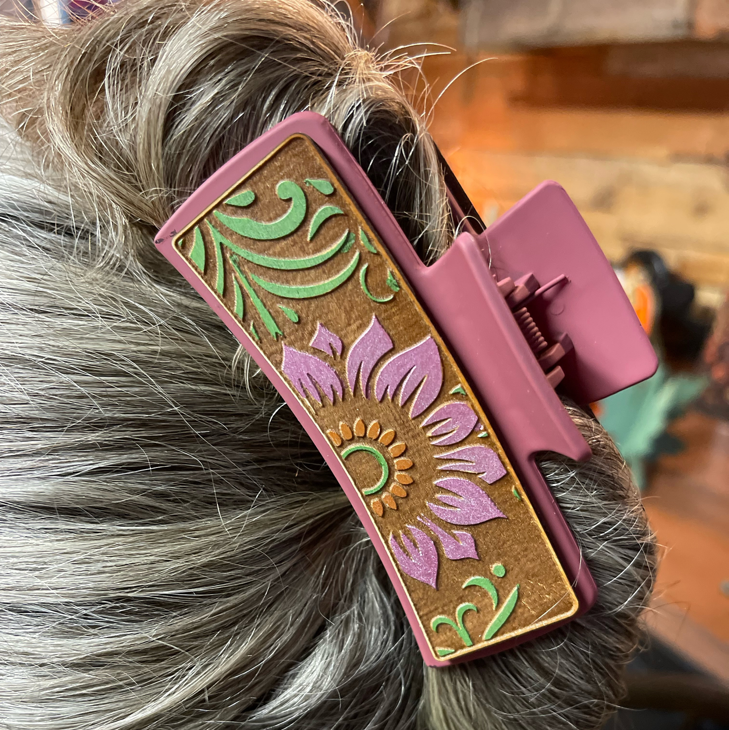 Handcrafted Floral Hair Clip | Boho Wood Sunflower Hair Accessory | Laser-Engraved Hand-Painted Hair Barrette