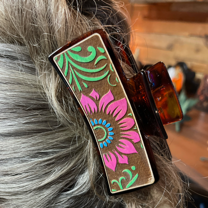 Handcrafted Floral Hair Clip | Boho Wood Sunflower Hair Accessory | Laser-Engraved Hand-Painted Hair Barrette