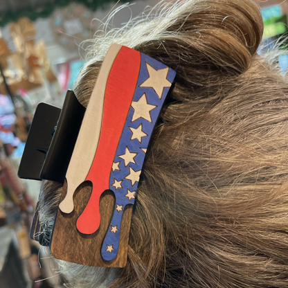 Patriotic American Flag Hair Clip | Military Support Wood Hair Accessory | USA Pride Hand-Painted Hair Barrette