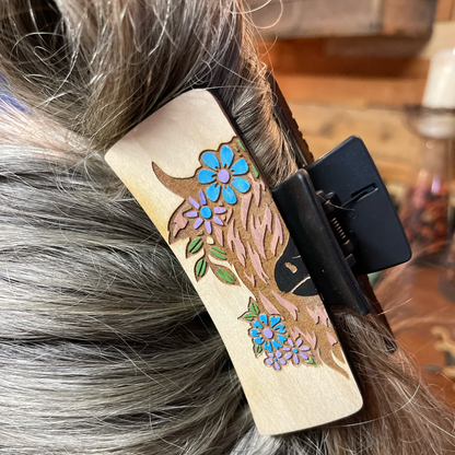 Highland Cow Hair Clip | Handcrafted Wooden Barrette | Floral Farm Animal Hair Accessory