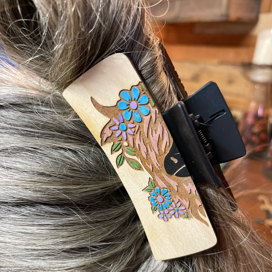 Highland Cow Hair Clip | Handcrafted Wooden Barrette | Floral Farm Animal Hair Accessory