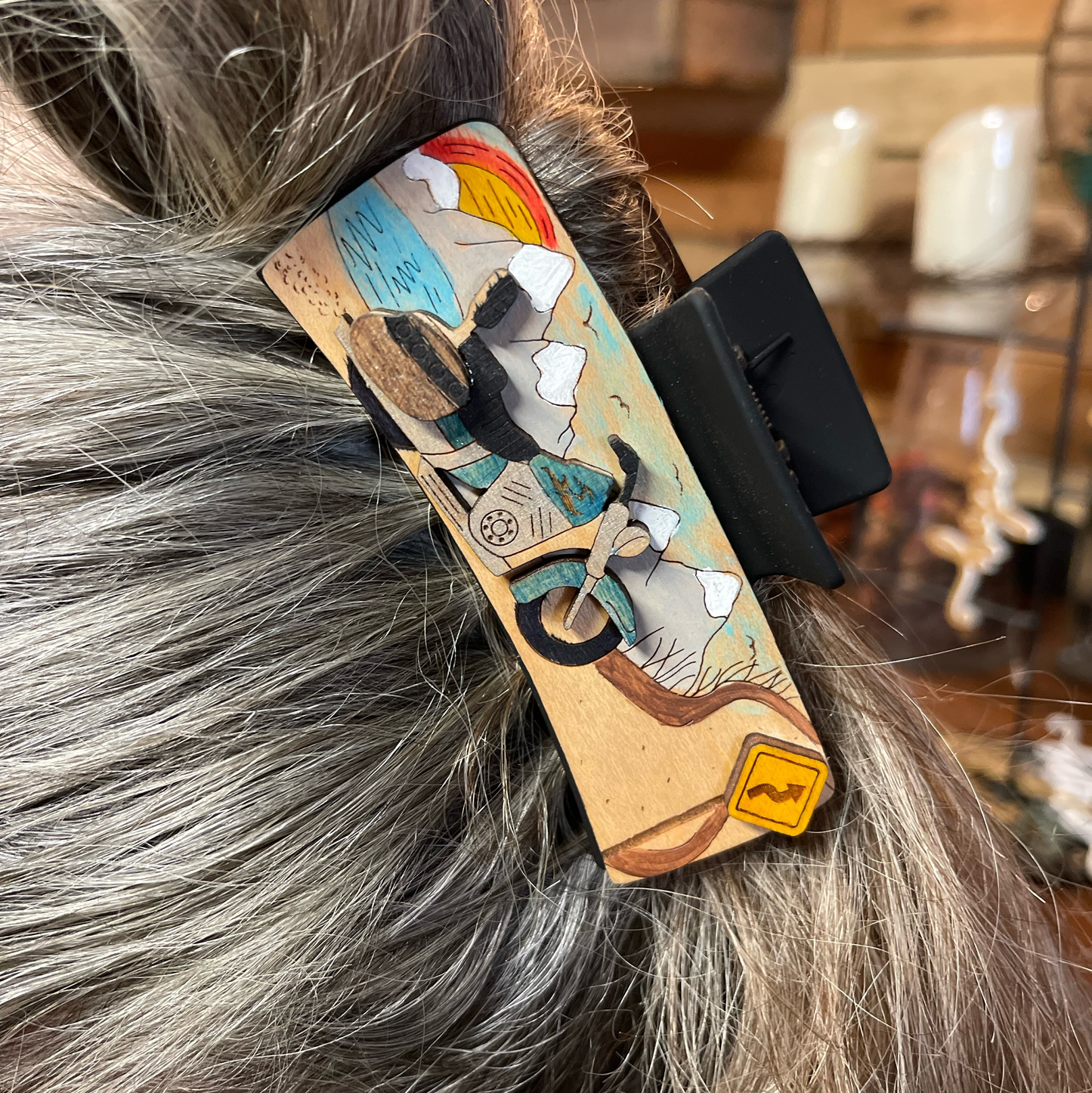 Handcrafted Motorcycle Mountain Road Hair Clip | Custom Laser Engraved Wooden Biker Accessory | Unique Women's Hair Barrette