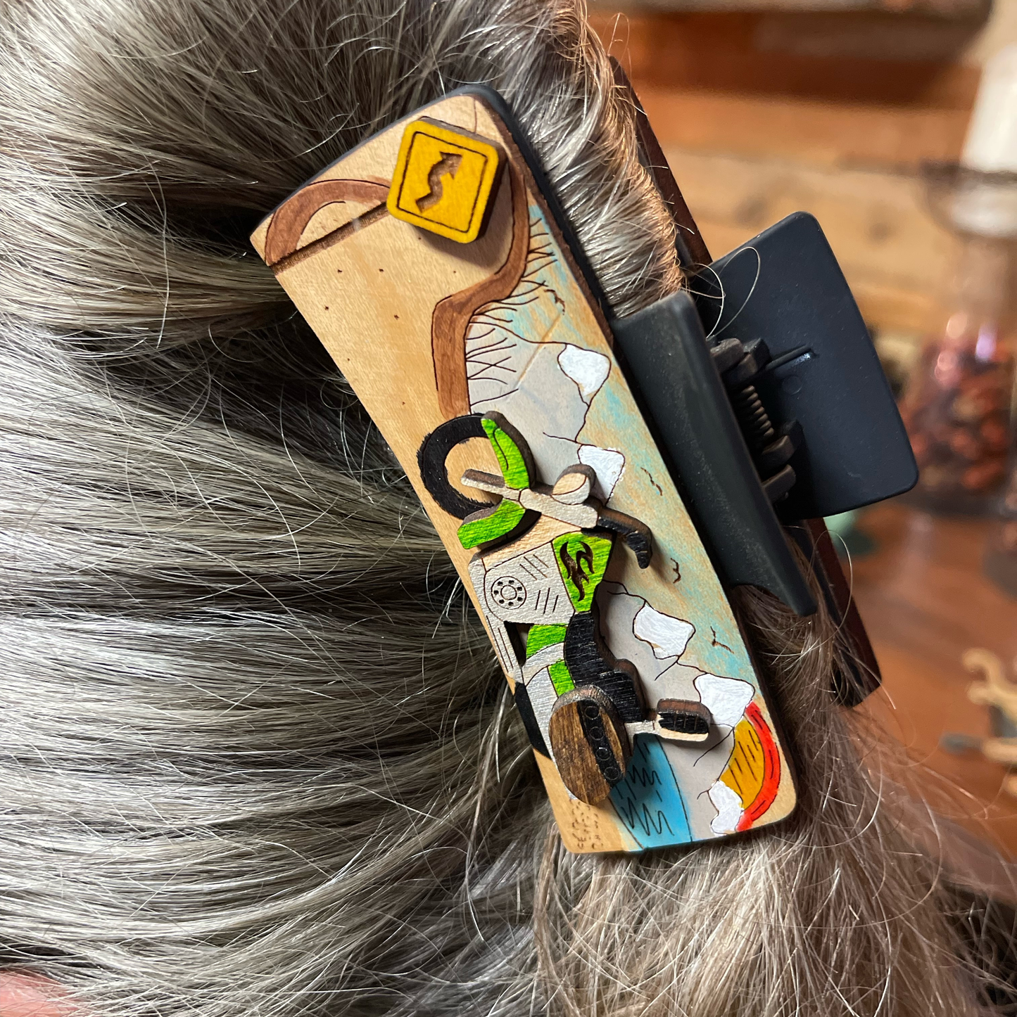 Handcrafted Motorcycle Mountain Road Hair Clip | Custom Laser Engraved Wooden Biker Accessory | Unique Women's Hair Barrette