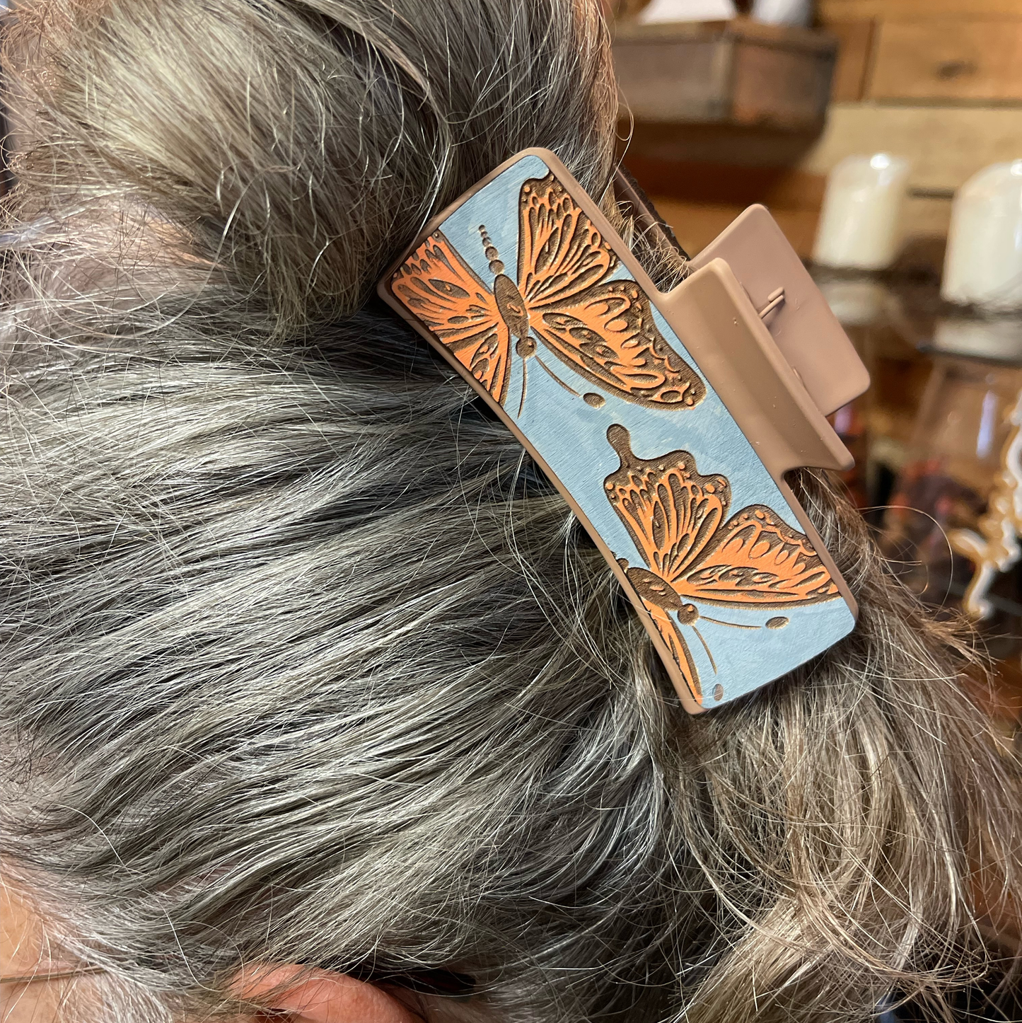 Artisan Butterfly Hair Clip | Laser Engraved Wooden Barrette | Hand-Painted Hair Accessory