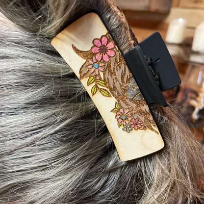 Highland Cow Hair Clip | Handcrafted Wooden Barrette | Floral Farm Animal Hair Accessory