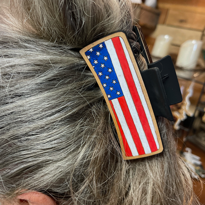 Patriotic American Flag Hair Clip | Military Support Wood Hair Accessory | USA Pride Hand-Painted Hair Barrette