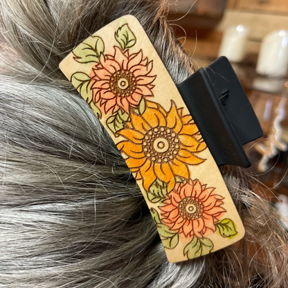 Handcrafted Floral Hair Clip | Boho Wood Sunflower Hair Accessory | Laser-Engraved Hand-Painted Hair Barrette