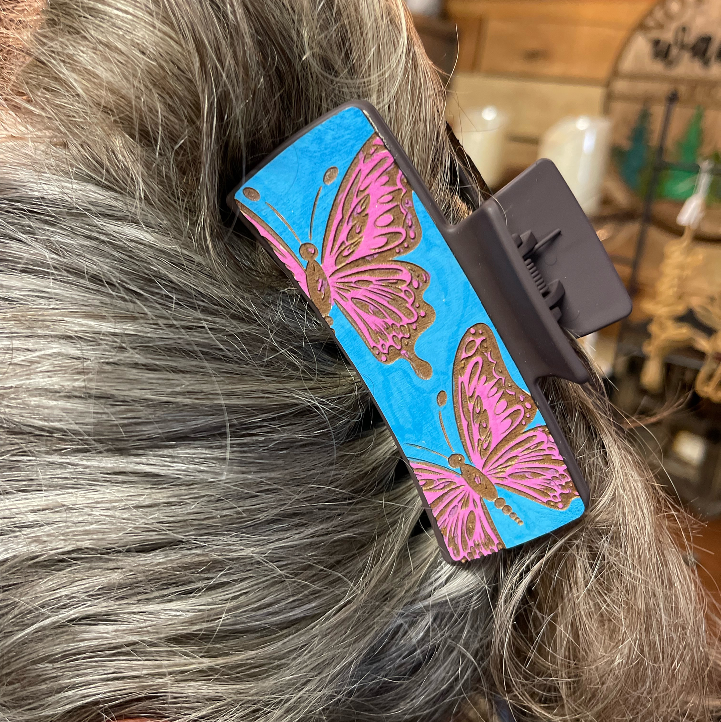 Artisan Butterfly Hair Clip | Laser Engraved Wooden Barrette | Hand-Painted Hair Accessory