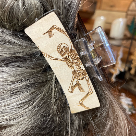 Dancing Skeleton Wooden Hair Clip | Laser Engraved Gothic Hair Accessory | Alternative Fashion Barrette