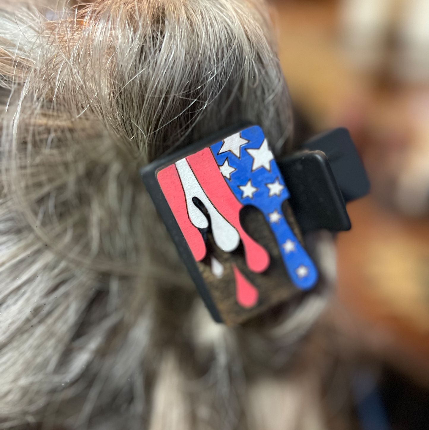 Patriotic American Flag Hair Clip | Military Support Wood Hair Accessory | USA Pride Hand-Painted Hair Barrette