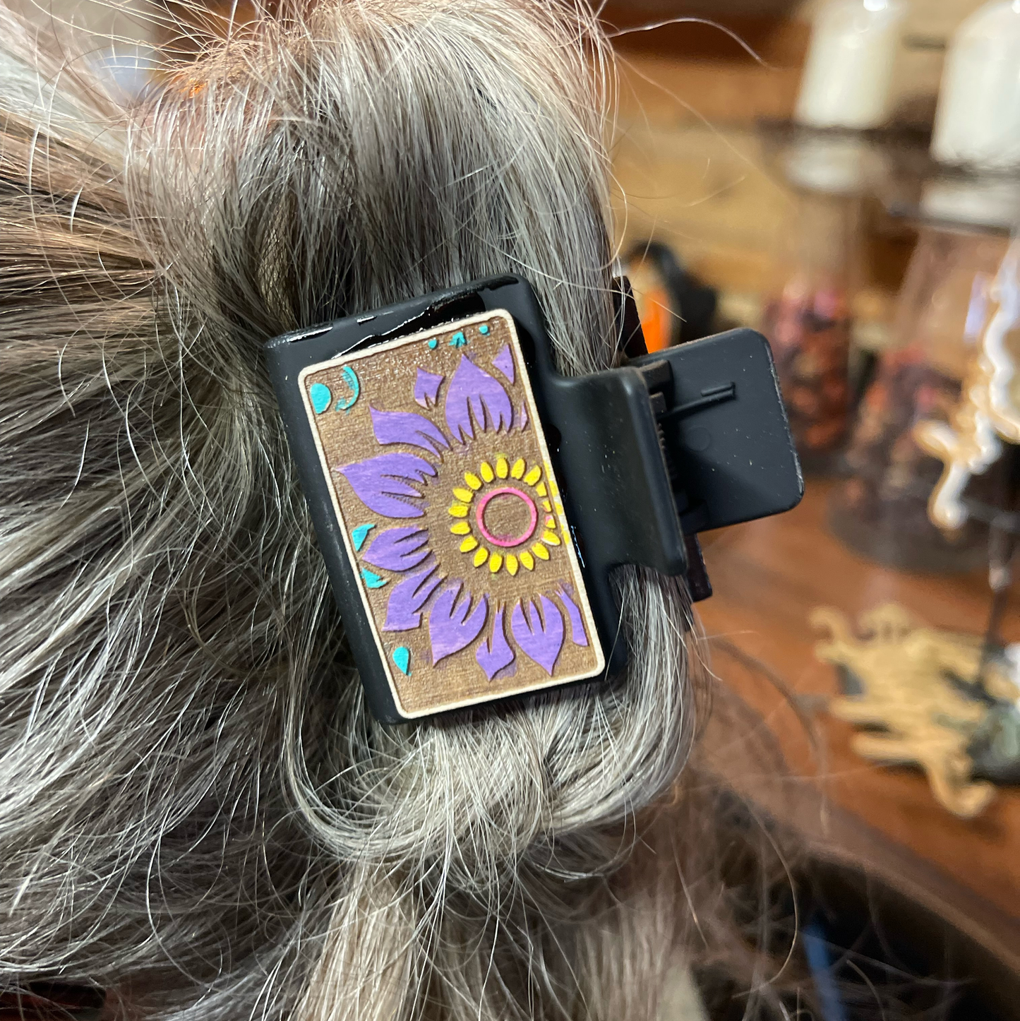 Handcrafted Floral Hair Clip | Boho Wood Sunflower Hair Accessory | Laser-Engraved Hand-Painted Hair Barrette