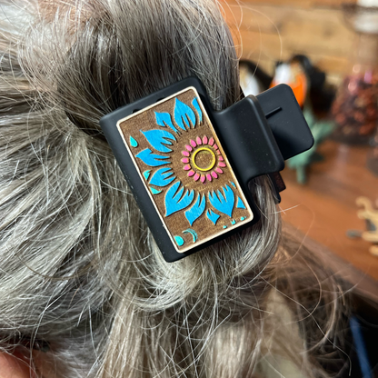 Handcrafted Floral Hair Clip | Boho Wood Sunflower Hair Accessory | Laser-Engraved Hand-Painted Hair Barrette