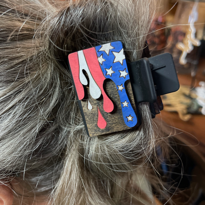 Patriotic American Flag Hair Clip | Military Support Wood Hair Accessory | USA Pride Hand-Painted Hair Barrette