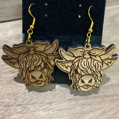 Wooden Highland Cow Earrings