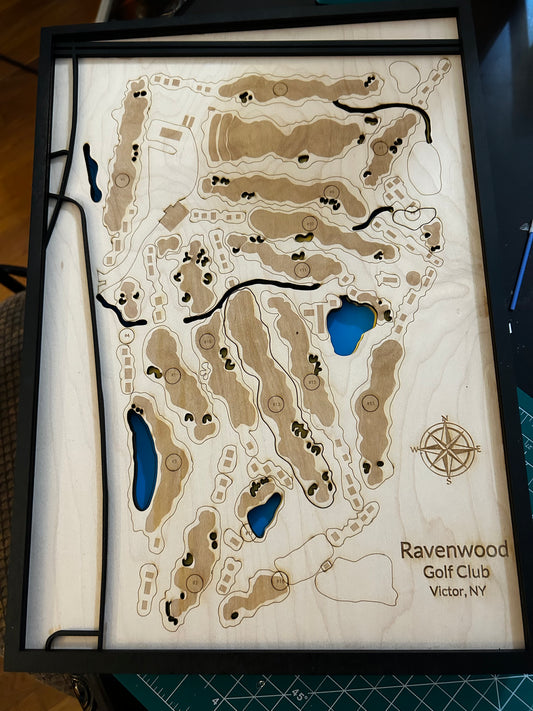 Custom laser-engraved wood map of Ravenwood Golf Club in Victor NY, three layers hand-painted, made by Dirt Road Barns in Newark NY