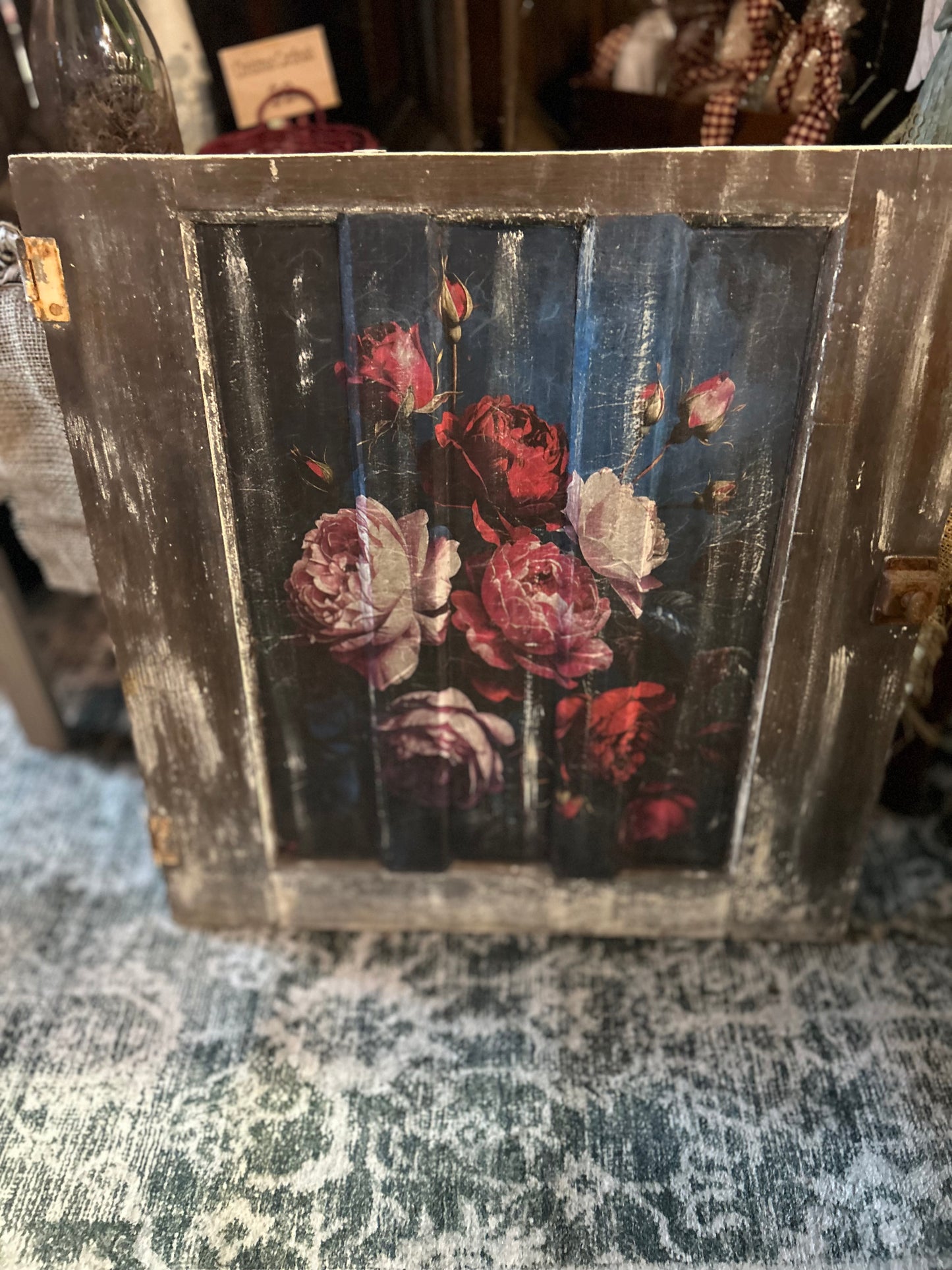 Antique Cabinet Door with RoseBush print/painting