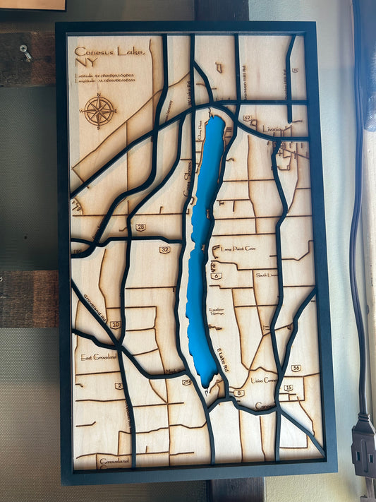 Multi-Layer Wooden Laser Engraved Map of Conesus Lake, New York