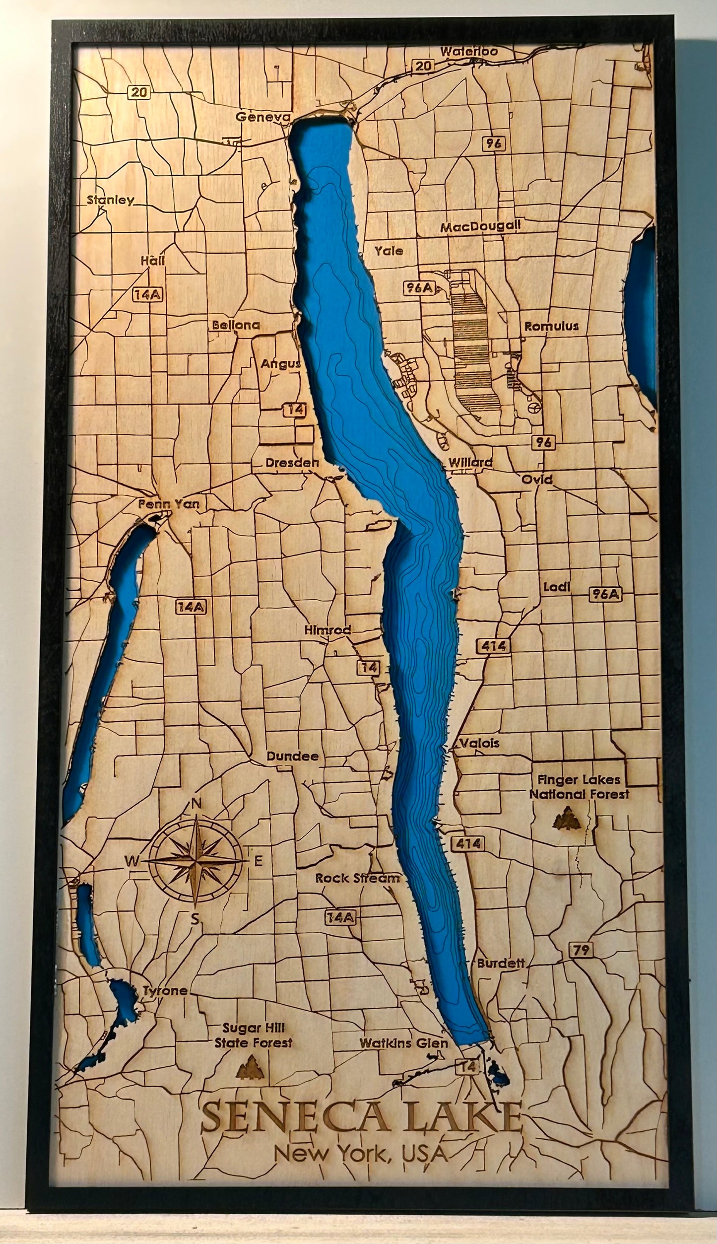 Seneca Lake Wood Map Wall Art — Laser-Engraved Finger Lakes Decor