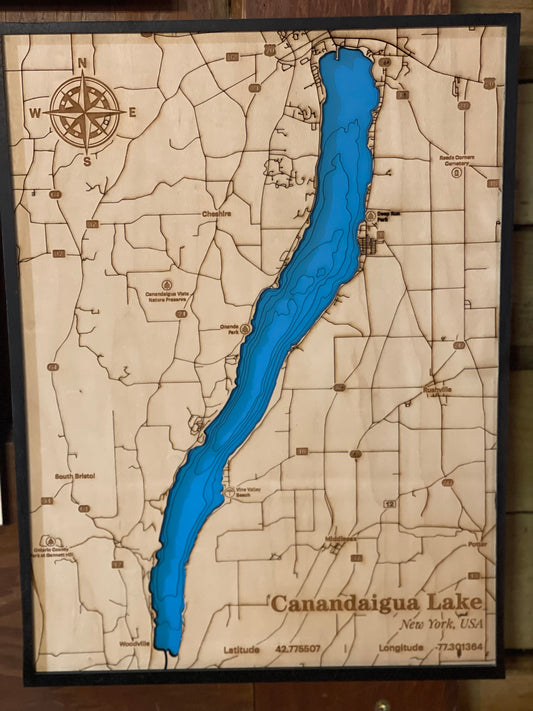 Canandaigua Lake, Multi-Layer Wood Map - Laser Engraved Finger Lakes Wall Decor