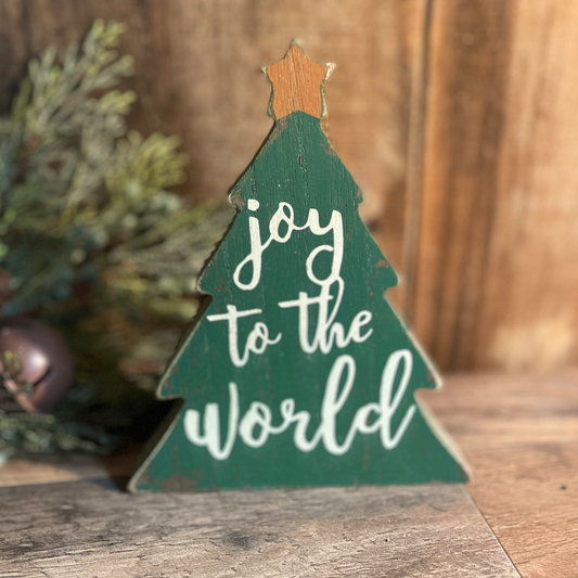 Joy to the World Christmas Tree Sign | Wooden Holiday Shelf Sitter | Rustic Christmas Decoration