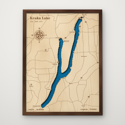 Keuka Lake layered wood map in a stained walnut frame, showing the Y-shaped lake with Penn Yan, Branchport and Hammondsport engraved in maple