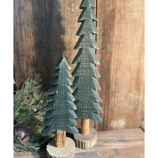 Rustic Wooden Pine Tree Set | Forest Green Holiday Shelf Decor | Farmhouse Christmas Tree Display