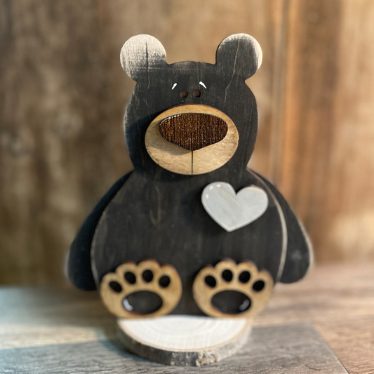 Woodland Black Bear Shelf Sitter | Hand-Painted Wood Nursery Decor | Love Heart Bear Decoration