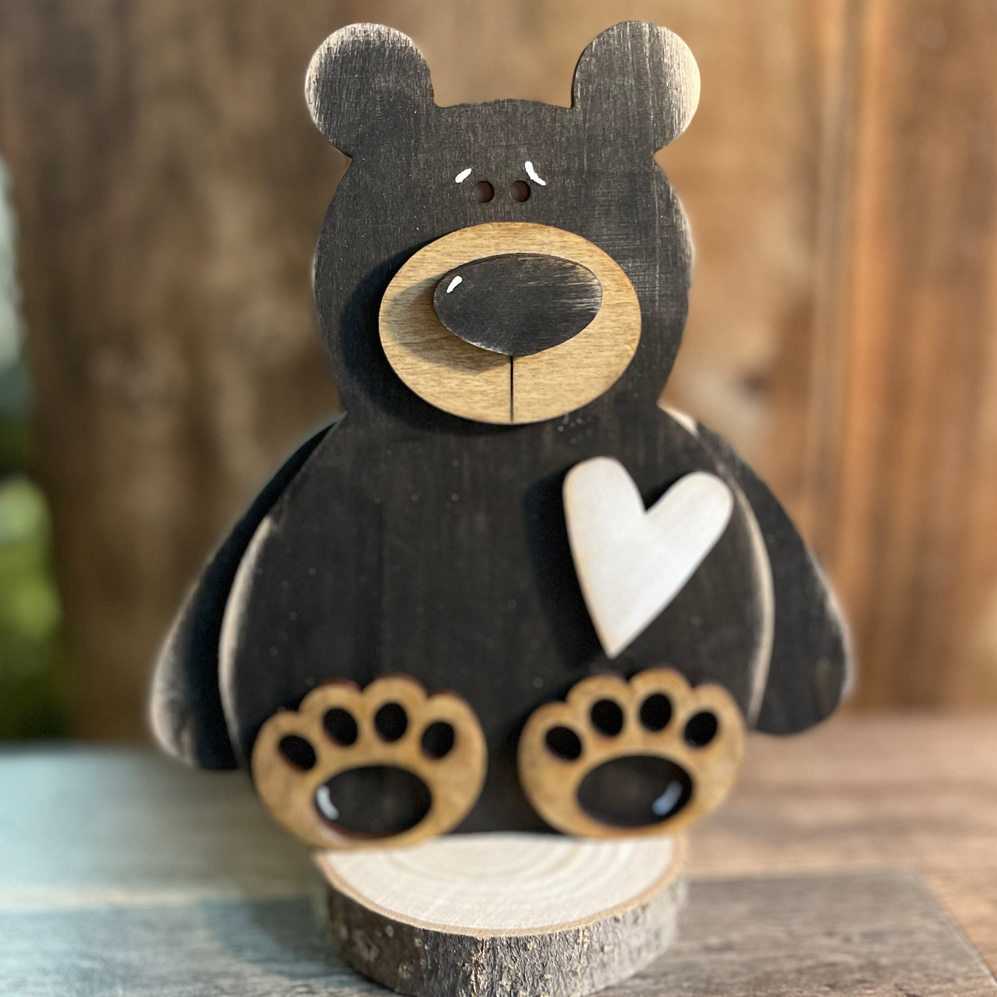 Woodland Black Bear Shelf Sitter | Hand-Painted Wood Nursery Decor | Love Heart Bear Decoration