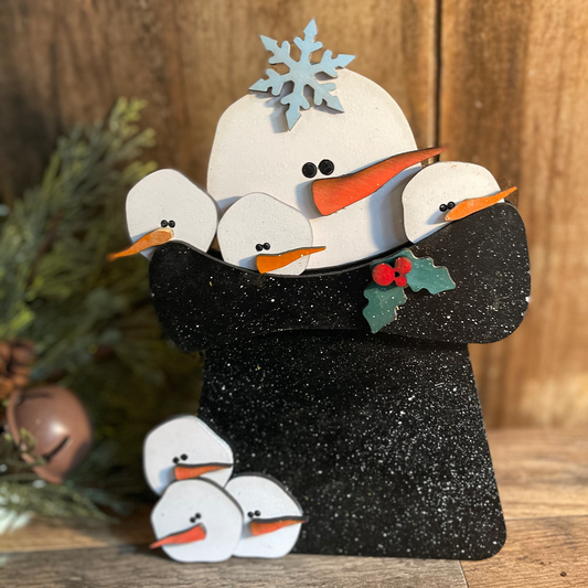 Snowman Family Hat Decoration | Whimsical Winter Shelf Sitter | Hand-Painted Christmas Top Hat Display