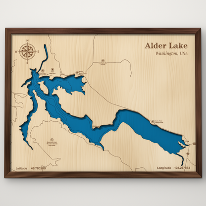 Alder Lake, Washington, layered wood map with blue painted water and stained walnut frame, by Dirt Road Barns
