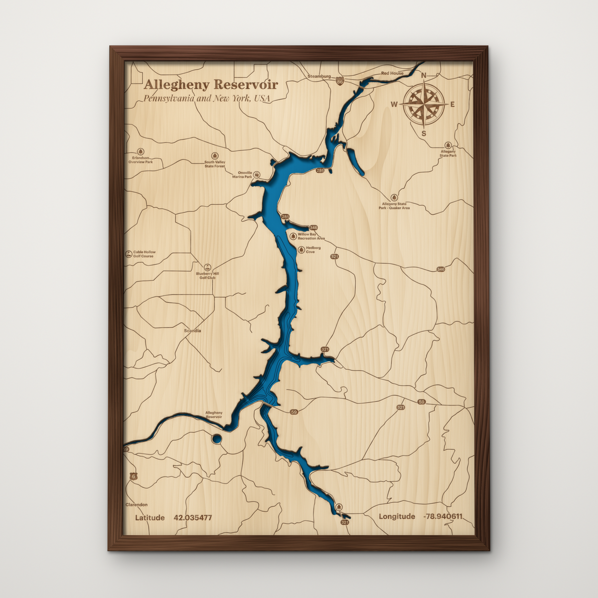 Allegheny Reservoir, Pennsylvania, layered wood map with blue painted water and stained walnut frame, by Dirt Road Barns