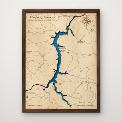 Allegheny Reservoir, Pennsylvania, layered wood map with blue painted water and stained walnut frame, by Dirt Road Barns